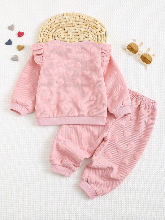 Cozy Pixies 2pcs Baby Girls Solid Color Knitted Ruffle Crew Neck Long Sleeve Pullover Sweatshirt And Elastic Waist Long Pants Set