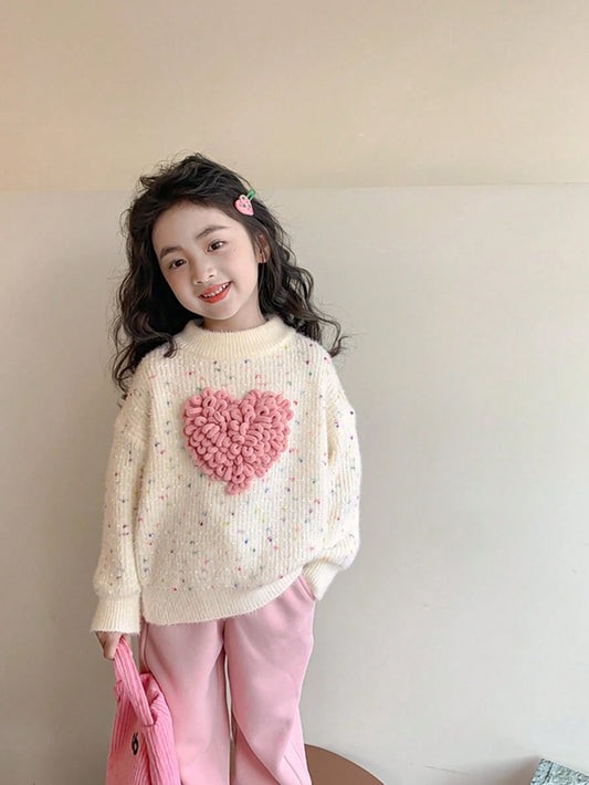 Tween Girls Heart & Polka Dot Jacquard Long Sleeve Sweater