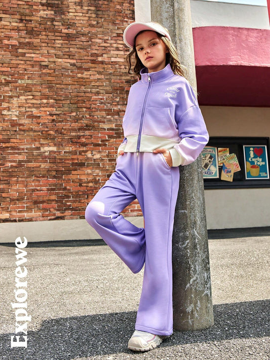 2pcs Girls Tween Girl Ombre Purple High Collar Zipper Pocket Jacket & Sweatpants Sporty Casual Outdoor Suit