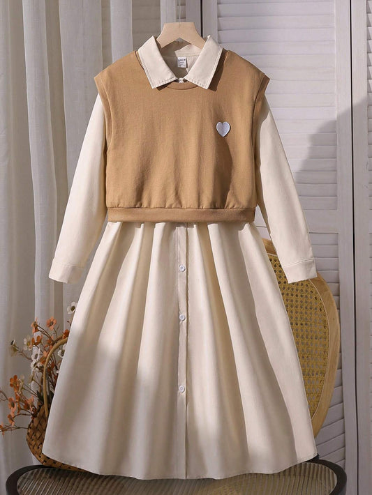 2pcs/Set Tween Girls' Casual Heart Embroidery Vest And Solid Long Sleeve Button Up Shirt Dress