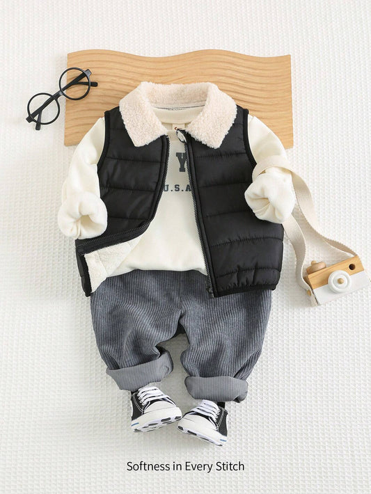 Cozy Pixies 3pcs Baby Boy Set: Letter Print Crewneck Sweatshirt, Fleece-Lined, Sleeveless Vest, And Elastic Waist Joggers