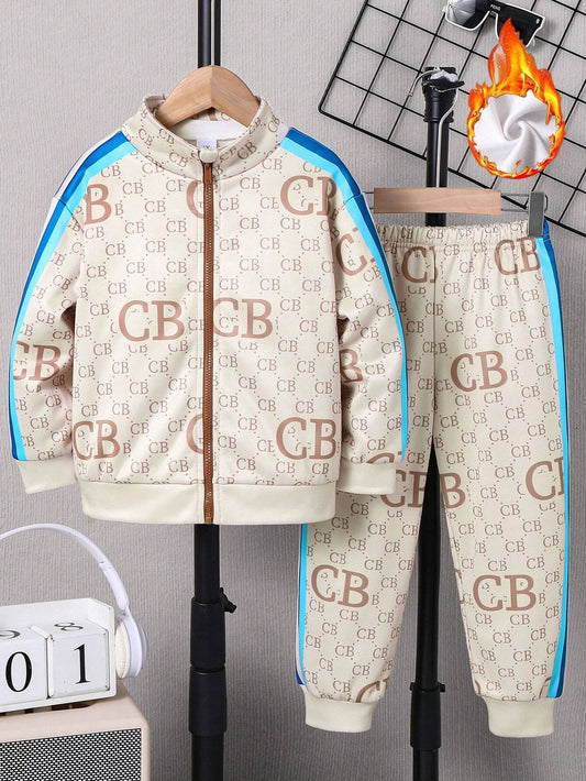 2pcs Boys' Casual Sports Outfit - Loose Fit Zippered Hoodie Jacket With Patterned Print And Elastic Waist Pants