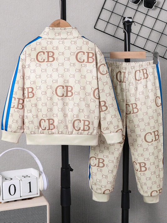 2pcs Boys' Casual Sports Outfit - Loose Fit Zippered Hoodie Jacket With Patterned Print And Elastic Waist Pants