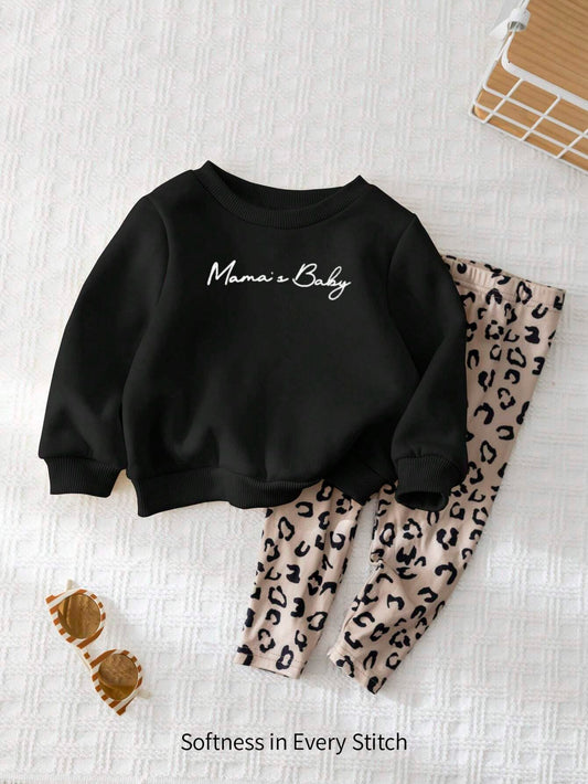 Cozy Pixies 2pcs Baby Girl Letter Print Crew Neck Pullover Sweatshirt And Long Pants Set