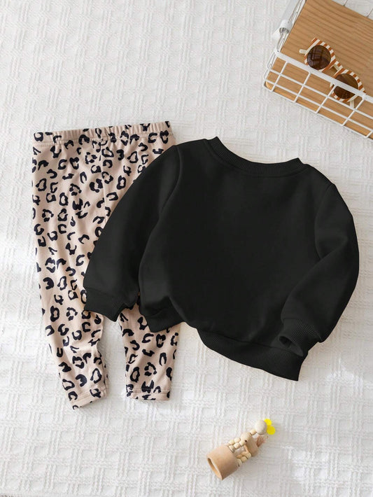 Cozy Pixies 2pcs Baby Girl Letter Print Crew Neck Pullover Sweatshirt And Long Pants Set