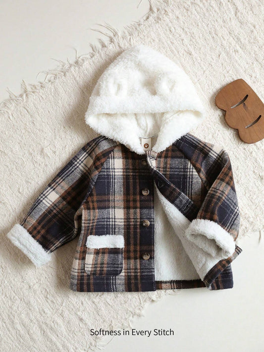 Cozy Pixies Baby Boy Checkered Pattern Ear Decor Button Front Hooded Cardigan