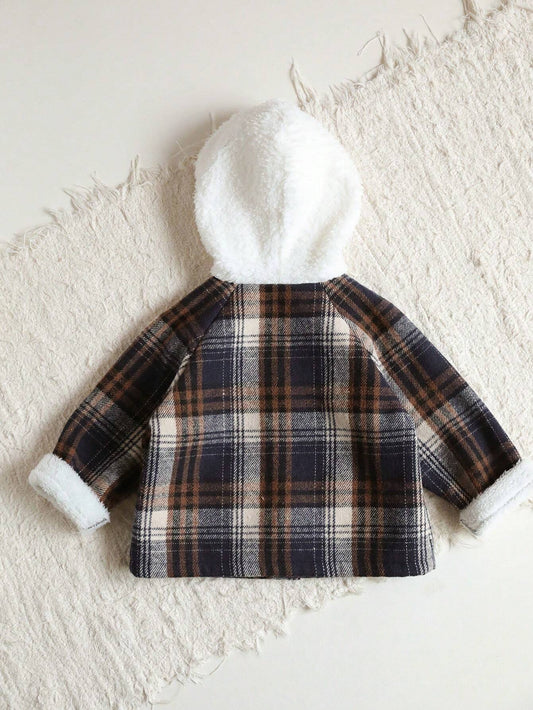 Cozy Pixies Baby Boy Checkered Pattern Ear Decor Button Front Hooded Cardigan