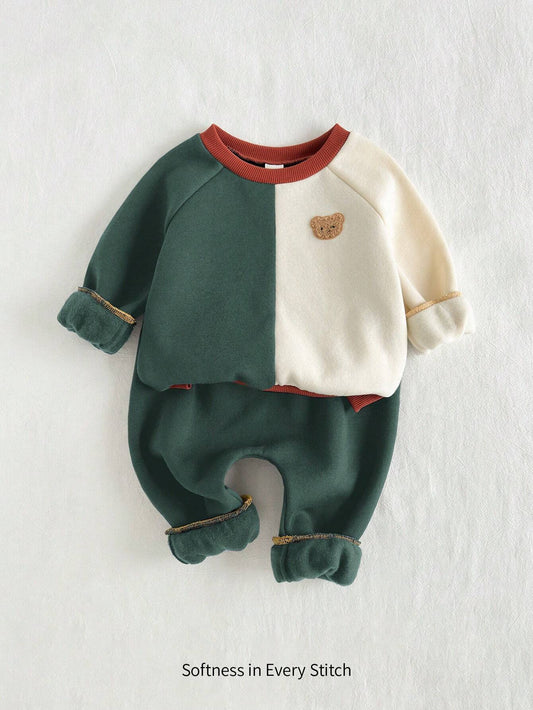 Cozy Pixies 2pcs Baby Boy Bear Patterned Contrast Color Round Neck Raglan Sleeve Pullover Sweatshirt & Tapered Leg Pants Set