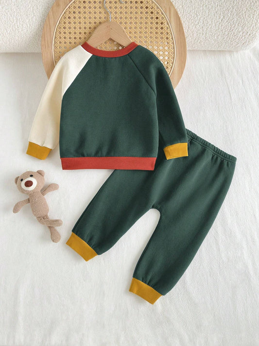 Cozy Pixies 2pcs Baby Boy Bear Patterned Contrast Color Round Neck Raglan Sleeve Pullover Sweatshirt & Tapered Leg Pants Set