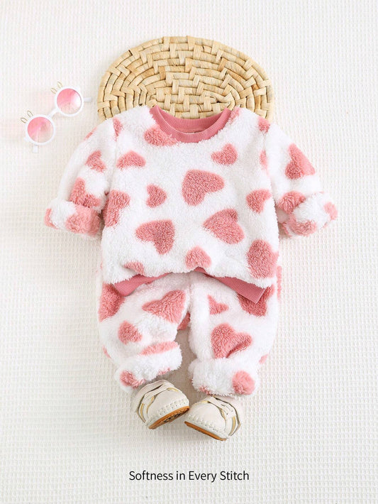 Cozy Pixies 2pcs/Set Baby Girl Heart Graphic Crew Neck Long Sleeve Raglan Sweatshirt And Tapered Pants Set