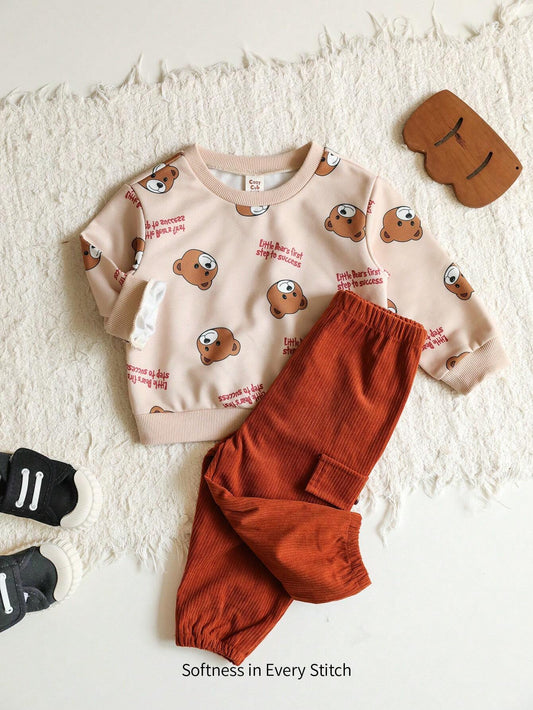 Cozy Pixies 2pcs Baby Boy Cartoon Bear Pattern Round Neck Drop Shoulder Sweatshirt And Cargo Pants Set