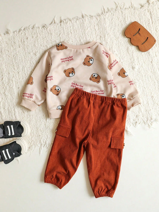 Cozy Pixies 2pcs Baby Boy Cartoon Bear Pattern Round Neck Drop Shoulder Sweatshirt And Cargo Pants Set