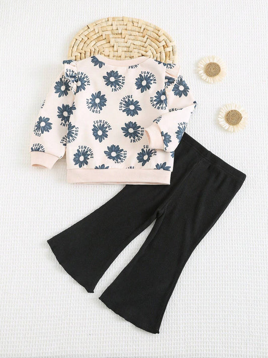 Cozy Pixies 2pcs Baby Girl Black Floral Print Round Neck Dropped Shoulder Sweatshirt & Solid Color Pants Set