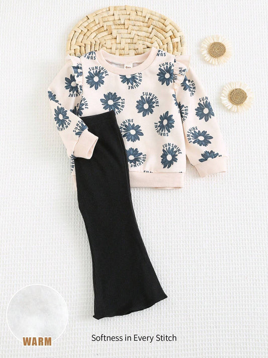 Cozy Pixies 2pcs Baby Girl Black Floral Print Round Neck Dropped Shoulder Sweatshirt & Solid Color Pants Set