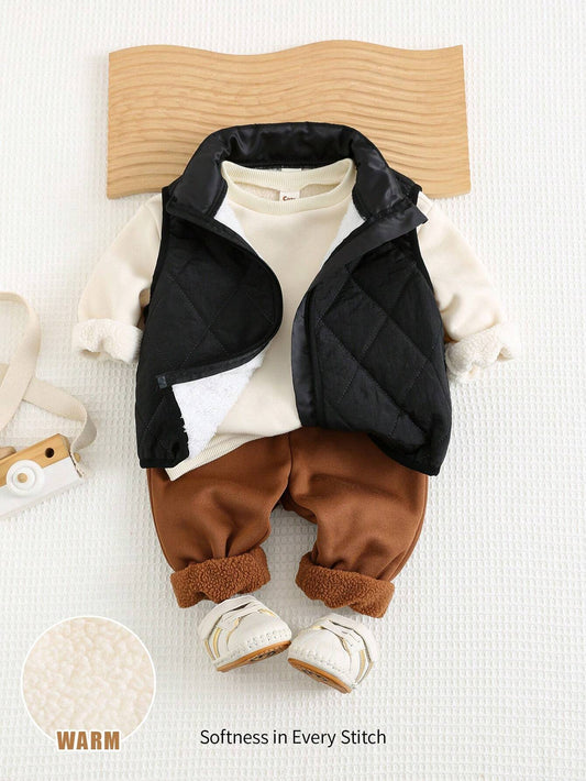 Cozy Pixies 3pcs/Set Baby Boy Crew Neck Long Sleeve Hoodie, Thick Vest, And Casual Pants