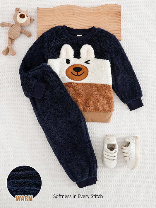 Cozy Pixies 2pcs Young Boy Bear Graphic Colorblock Round Neck Long Sleeve Hoodie And Elastic-Waist Long Pants Set