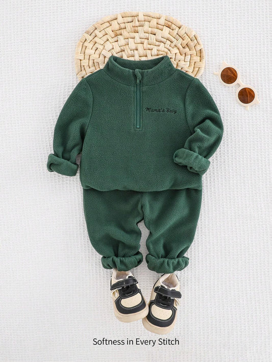 Cozy Pixies 2pcs Baby Boy Letter Print Stand Collar Partial Zip Hoodie And Jogger Pants Set