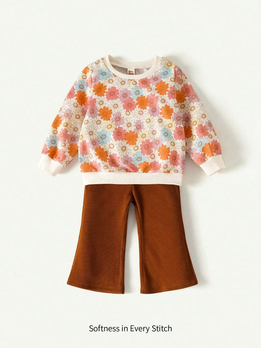 Cozy Pixies 2pcs/Set Baby Girl Floral Print Contrasting Color Round Neck Long Sleeve Sweatshirt And Solid Color Pants Set