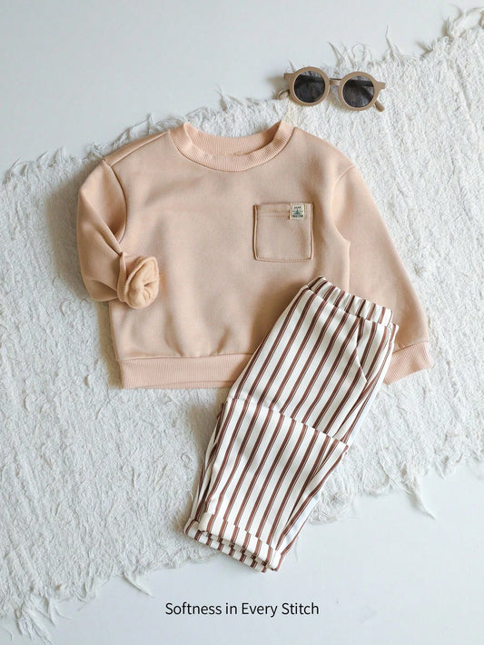 Cozy Pixies 2pcs Baby Boy Solid Color Knitted Soft Round Neck Long Sleeve Pullover Sweatshirt And Elastic Waist Striped Casual Pants Set