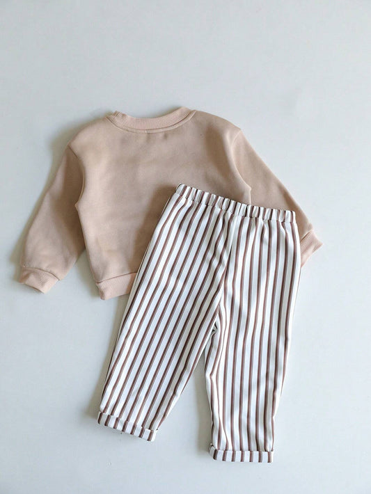 Cozy Pixies 2pcs Baby Boy Solid Color Knitted Soft Round Neck Long Sleeve Pullover Sweatshirt And Elastic Waist Striped Casual Pants Set