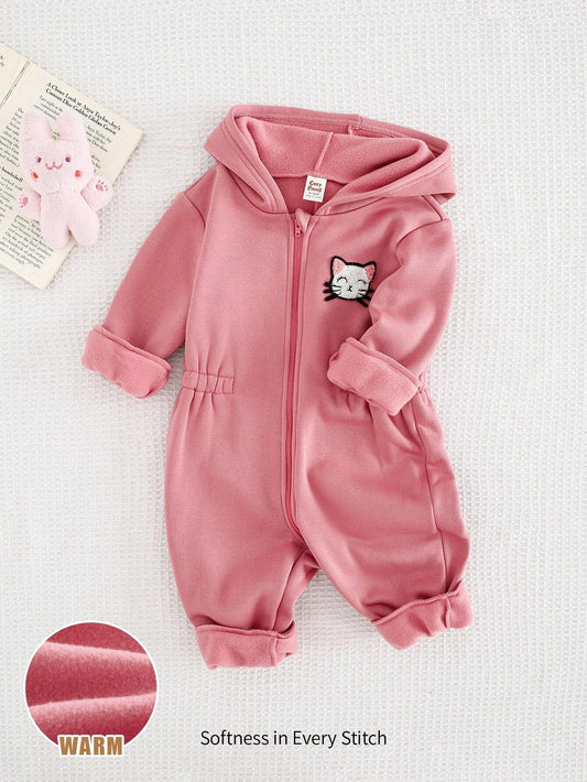 Cozy Pixies Baby Girl Cartoon Kitten Pattern Soft Knitted Hooded Long Sleeve One-Piece Jumpsuit