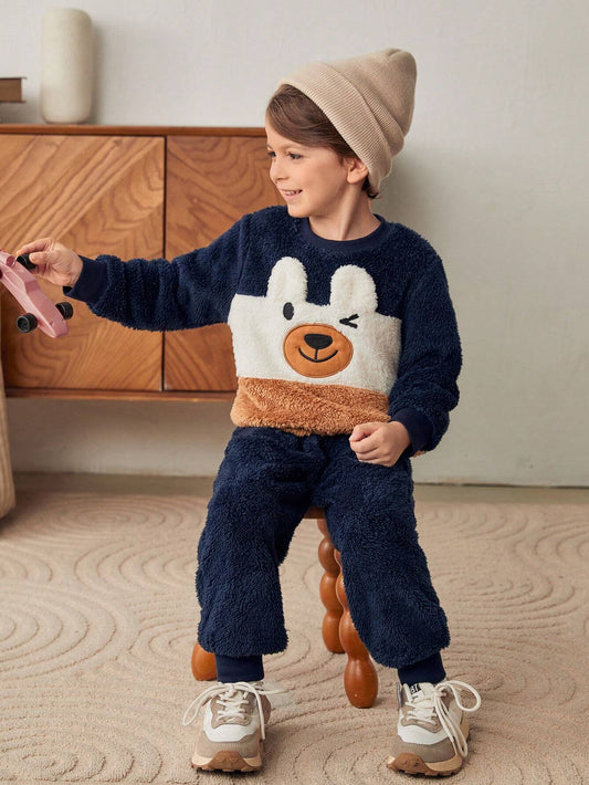 Cozy Pixies 2pcs Young Boy Bear Graphic Colorblock Round Neck Long Sleeve Hoodie And Elastic-Waist Long Pants Set