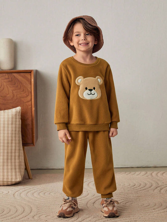 Cozy Pixies 2pcs Set: Cartoon Bear Pattern Round Neck Long Sleeve Pullover Hoodie + Jogger Pants