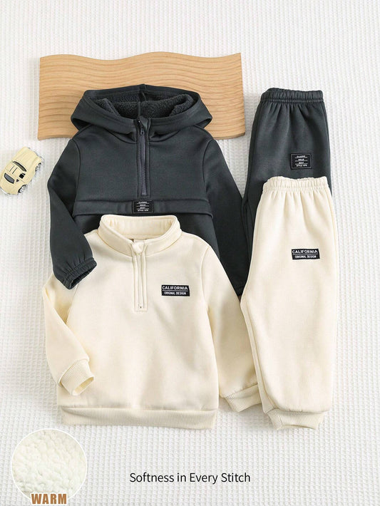 Cozy Pixies 4pcs Baby Boy Jacquard Collar Long Sleeve Pullover Hoodie & Drawstring Pants Set