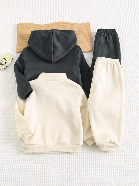 Cozy Pixies 4pcs Baby Boy Jacquard Collar Long Sleeve Pullover Hoodie & Drawstring Pants Set