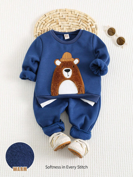 Cozy Pixies 2pcs/Set Baby Boy Cartoon Teddy Bear Print Crew Neck Long Sleeve Top And Pants