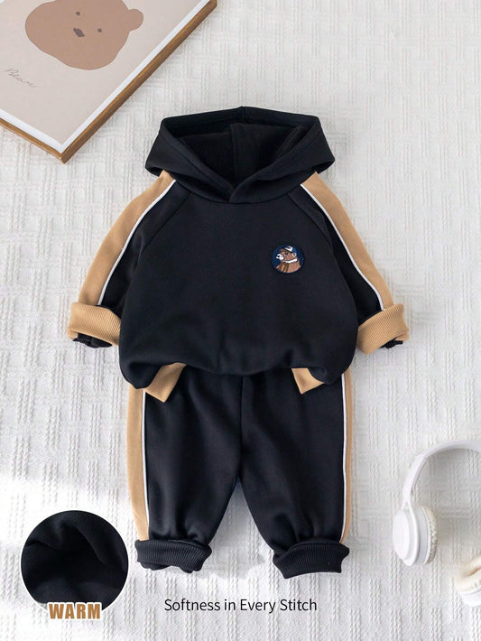 Cozy Pixies 2pcs/Set Baby Boy Applique Contrast Color Hoodie Sweatshirt And Jogger Pants Set