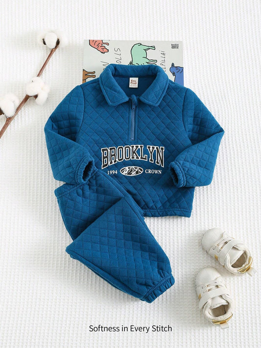 Cozy Pixies 2pcs/Set Baby Boy Letter Graphic Lapel Zip-Up Sweatshirt And Jogger Pants Set