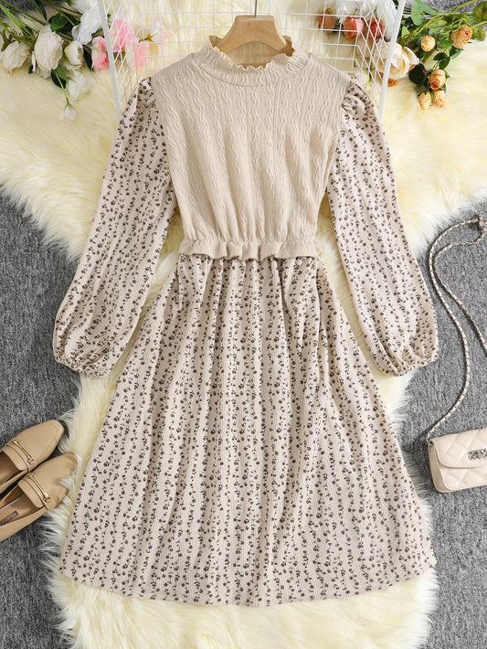 Teen Girl Brown Knitted Solid Color Jacquard Patchwork Floral Long Dress