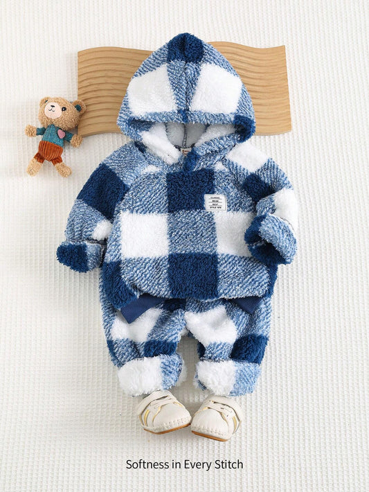 Cozy Pixies 2pcs/Set Baby Boy Winter Colorful Plaid Knitted Soft Raglan Sleeve Hooded Sweatshirt And Ribbed Pants Set