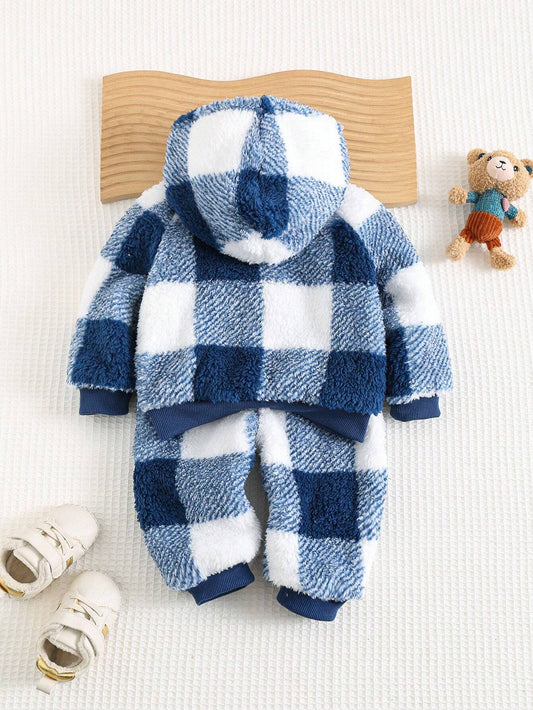 Cozy Pixies 2pcs/Set Baby Boy Winter Colorful Plaid Knitted Soft Raglan Sleeve Hooded Sweatshirt And Ribbed Pants Set