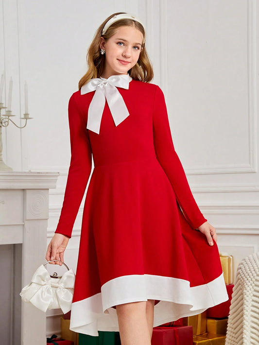 Teen Girl Red Knit Fitted A-Line Bowknot Long Sleeve Dress