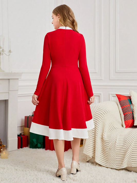 Teen Girl Red Knit Fitted A-Line Bowknot Long Sleeve Dress