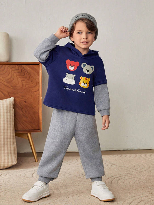 Cozy Pixies 2pcs/Set Young Boy Bear, Koala, Hippo, Tiger Graphic Contrast Color Hoodie & Solid Jogger Pants Set