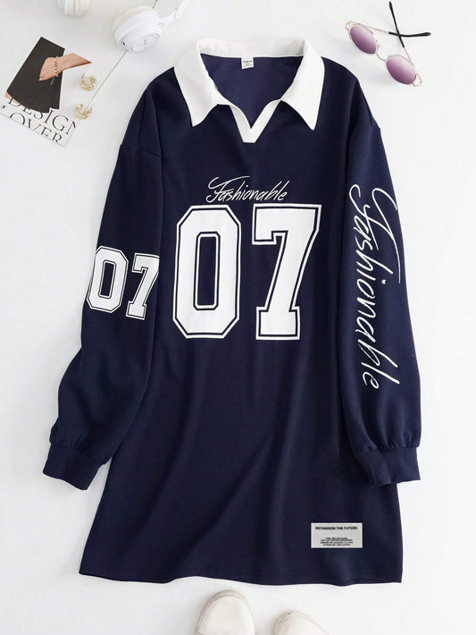 Teen Girls Navy Blue Contrast Collar Academy Style Back To School Numeric & English Letter Print Loose Casual Dress