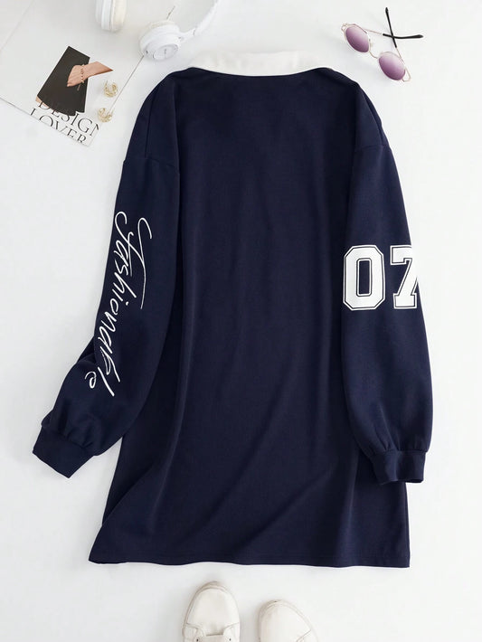 Teen Girls Navy Blue Contrast Collar Academy Style Back To School Numeric & English Letter Print Loose Casual Dress