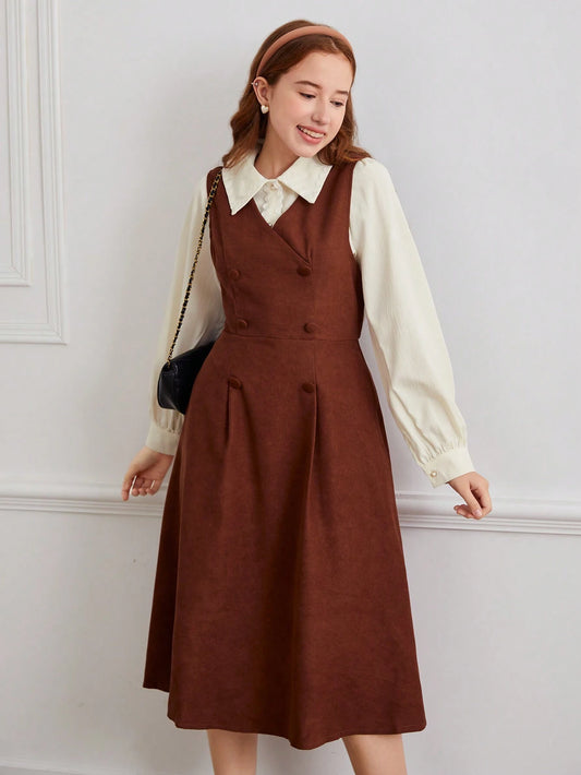 1set (Blouse + Dress) Teenage Girls Elegant Woven Long Sleeve Collared Blouse And Casual Midi Woven Sleeveless Dress