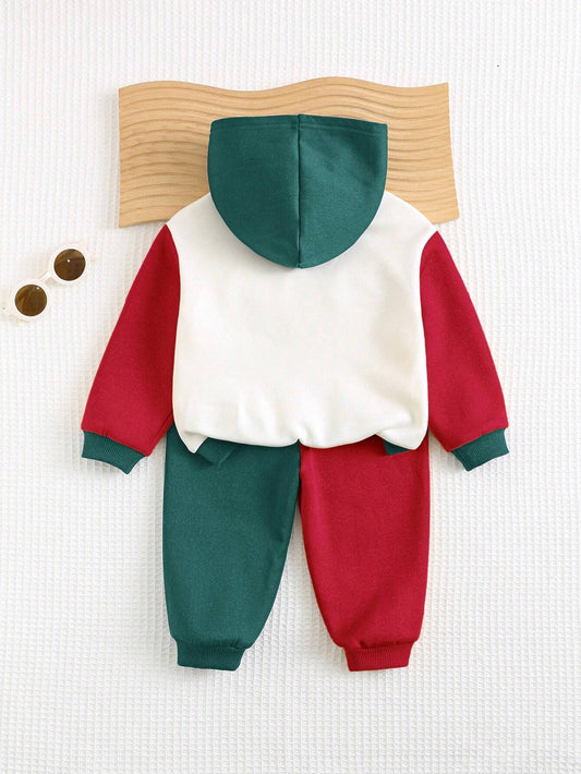 Cozy Pixies 2pcs Baby Boy Cartoon Bear Letter Print Contrast Color Hoodie And Jogger Pants Set