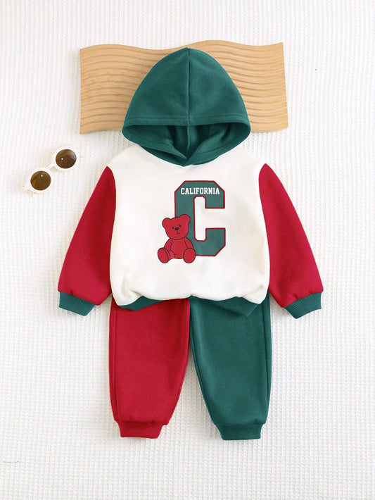 Cozy Pixies 2pcs Baby Boy Cartoon Bear Letter Print Contrast Color Hoodie And Jogger Pants Set