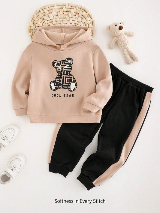 Cozy Pixies 2pcs/Set Toddler Baby Cartoon Bear Knitted Soft Hoodie Sweatshirt & Two-Tone Jogger Pants