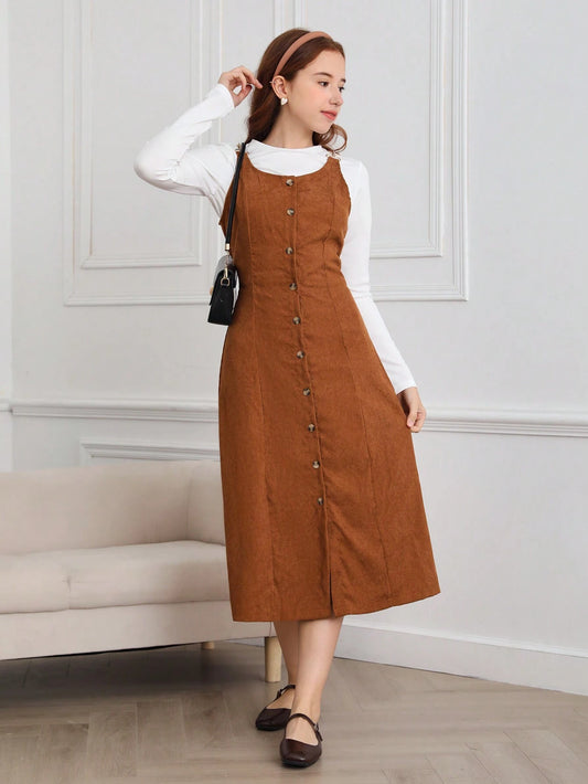 2pcs/Set Teenage Girls Long Sleeve Fitted T-Shirt And Sleeveless Corduroy Vest Dress Set