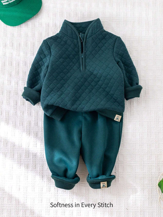 Cozy Pixies 2pcs Baby Boy Casual Woven Label Decor Stand Collar Long Sleeve Half-Zip Pullover And Long Pants Set