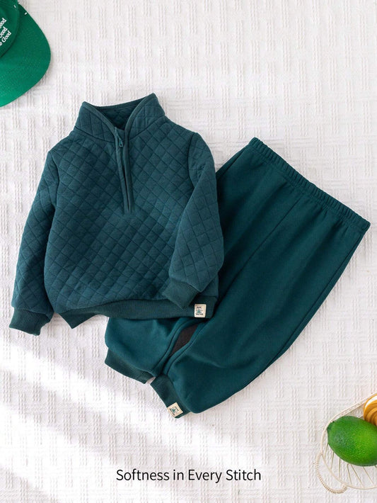 Cozy Pixies 2pcs Baby Boy Casual Woven Label Decor Stand Collar Long Sleeve Half-Zip Pullover And Long Pants Set