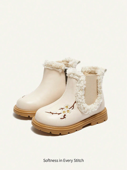 Cozy Pixies Fashionable & Versatile Cute Girl Design Embroidered Anti-Slip Warm Lined Baby Short Boots