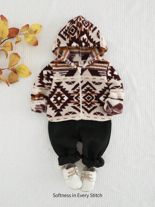 Cozy Pixies 2pcs Baby Boy Graphic Hooded Cardigan Jacket And Solid Color Pants Set