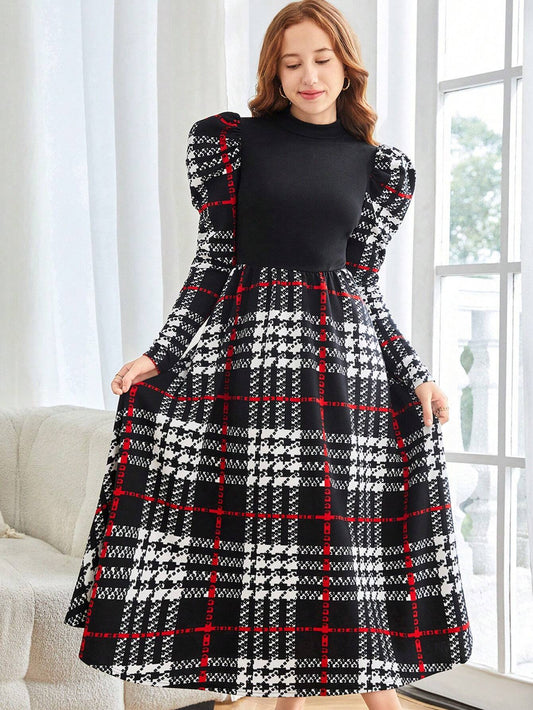 Teen Girls Stand Collar Form-Fitting Geometric Pattern Knit Raglan Sleeve Midi Dress